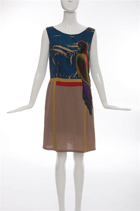 prada sleeveless silk dress with applique parrot motif spring 2005|Prada Sleeveless Silk Dress With Applique Parrot Motif, Spring 2005.